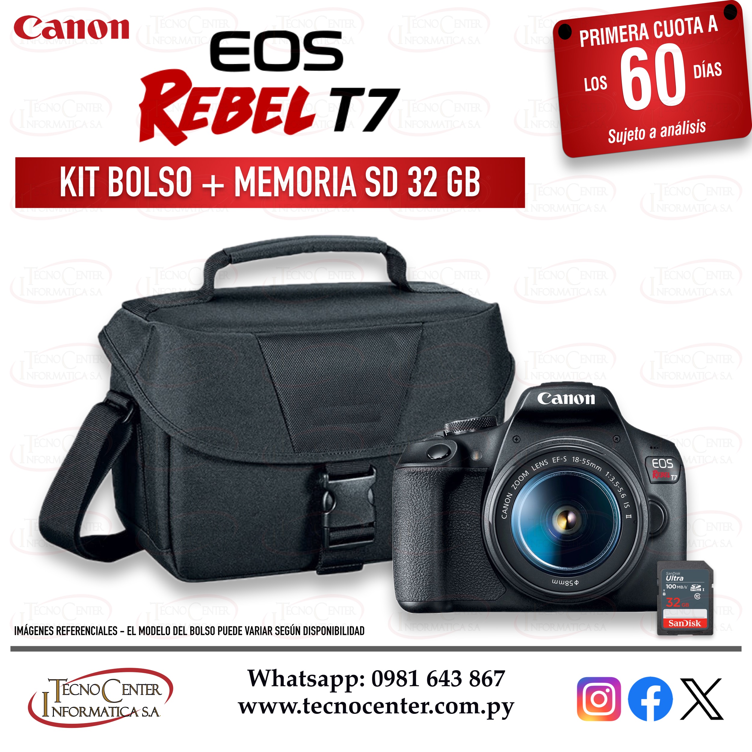 Cámara Canon EOS Rebel T7 Kit Bolso + Memoria SD